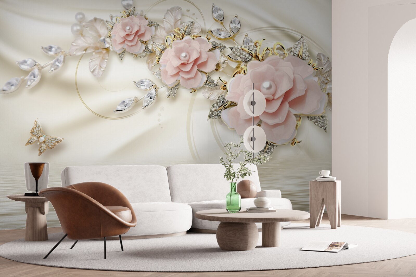 Фотошпалери над водою звисає гілка з рожевими квітами, прикрашена перлинами