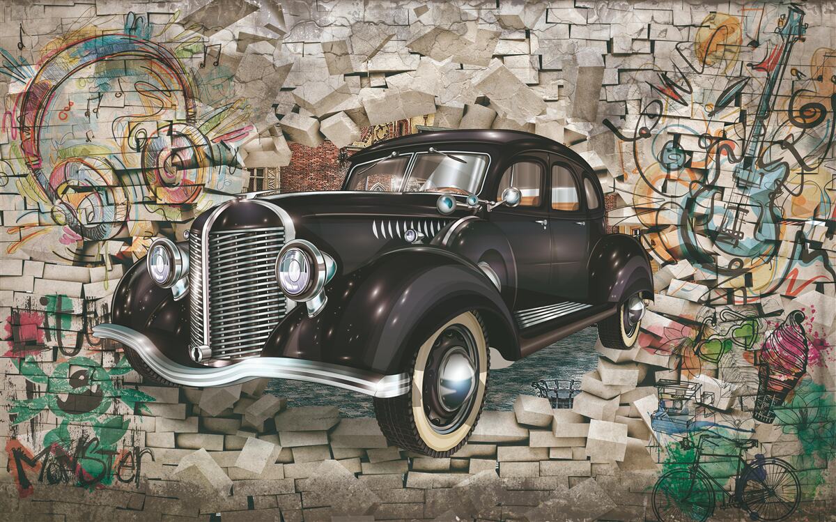 Фотошпалери вінтажний чорний автомобіль на стіні