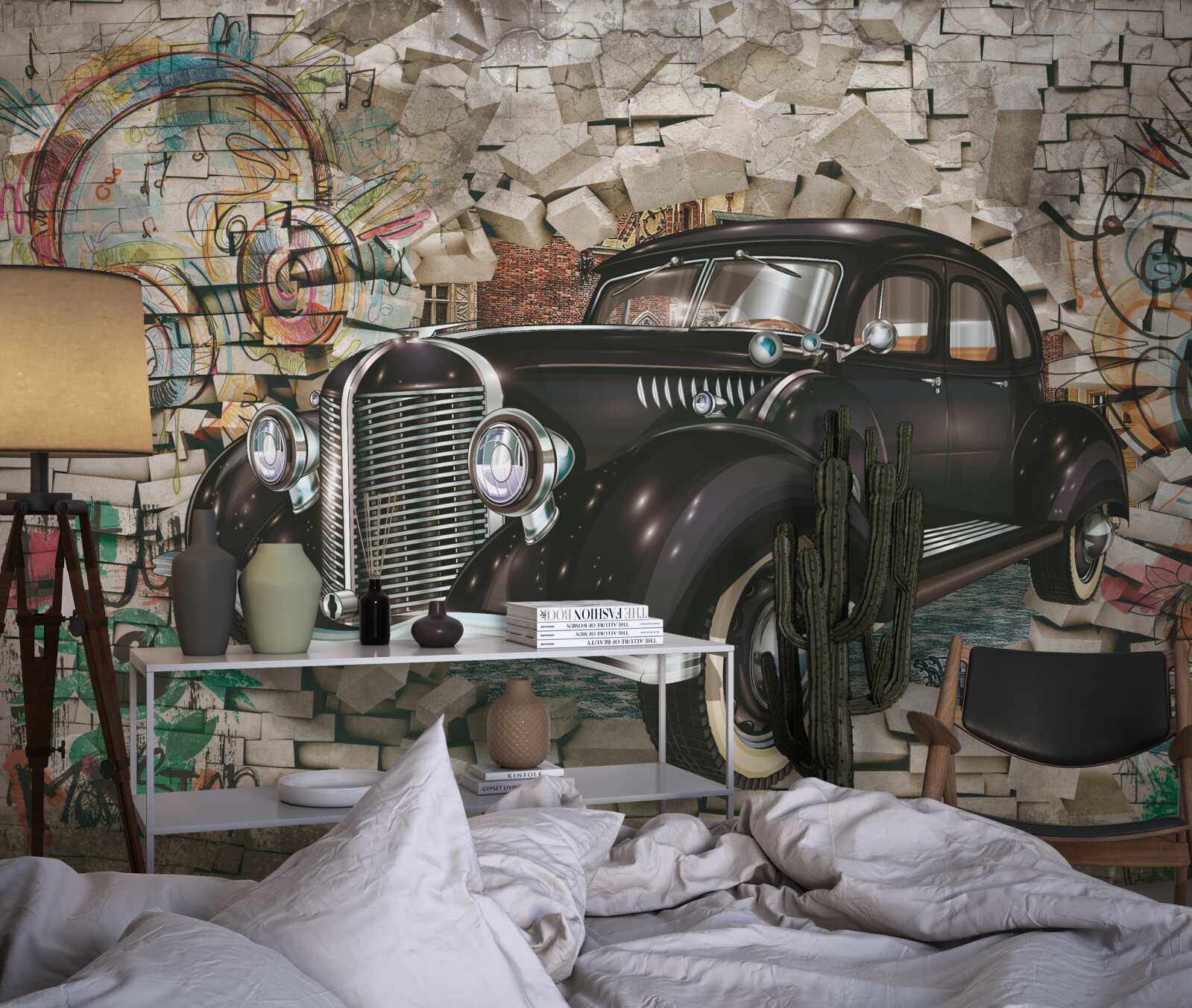 Фотошпалери вінтажний чорний автомобіль на стіні