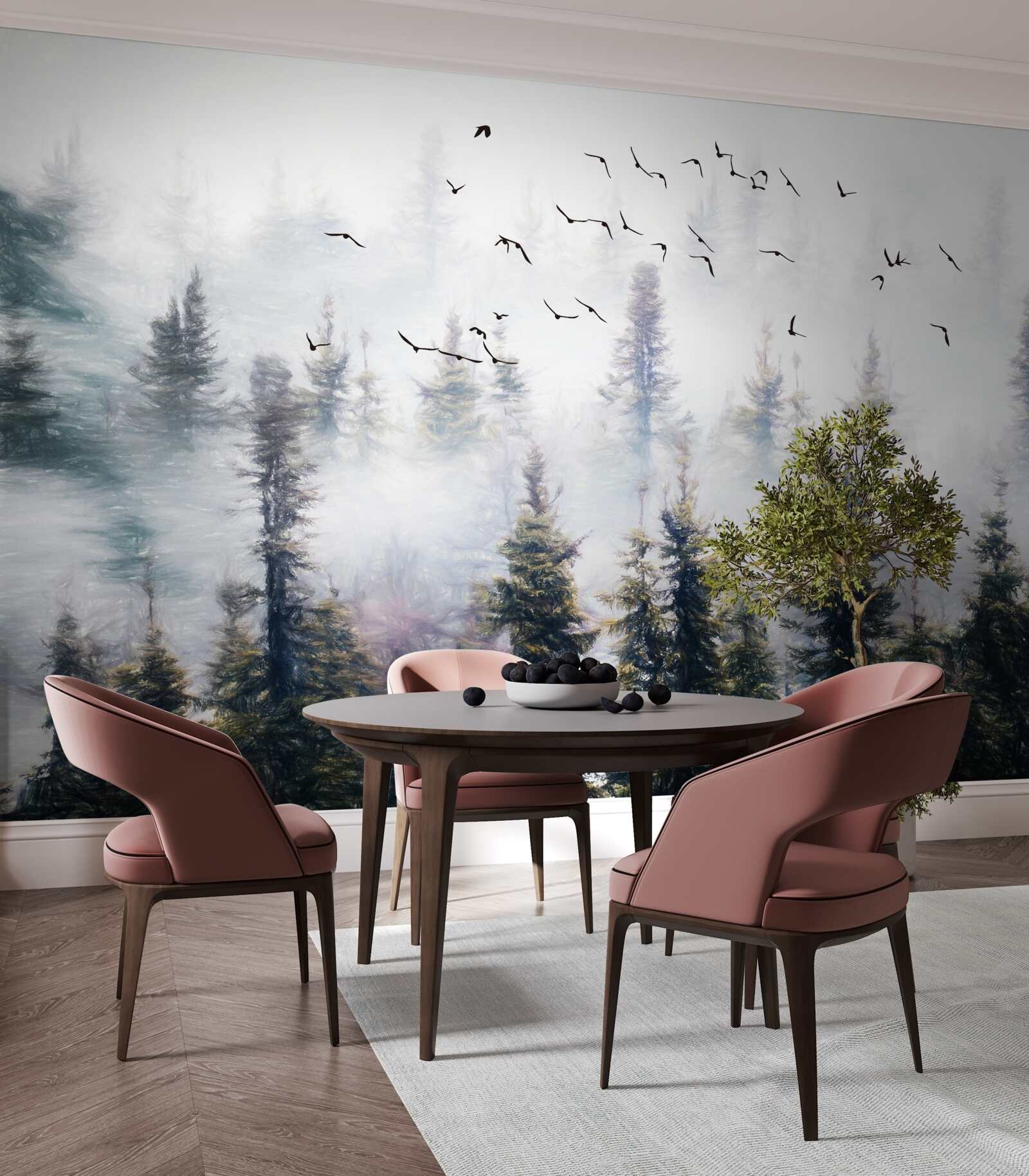 Фотошпалери пернаті мешканці ковзають над таємничим сосновим лісом, оточеним туманом