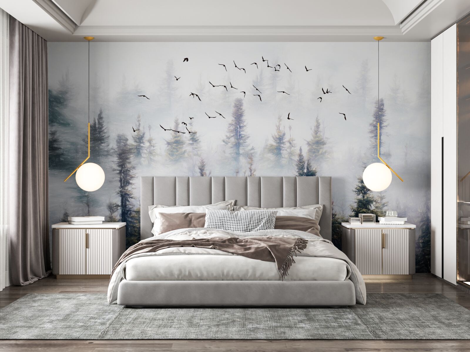 Фотошпалери пернаті мешканці ковзають над таємничим сосновим лісом, оточеним туманом