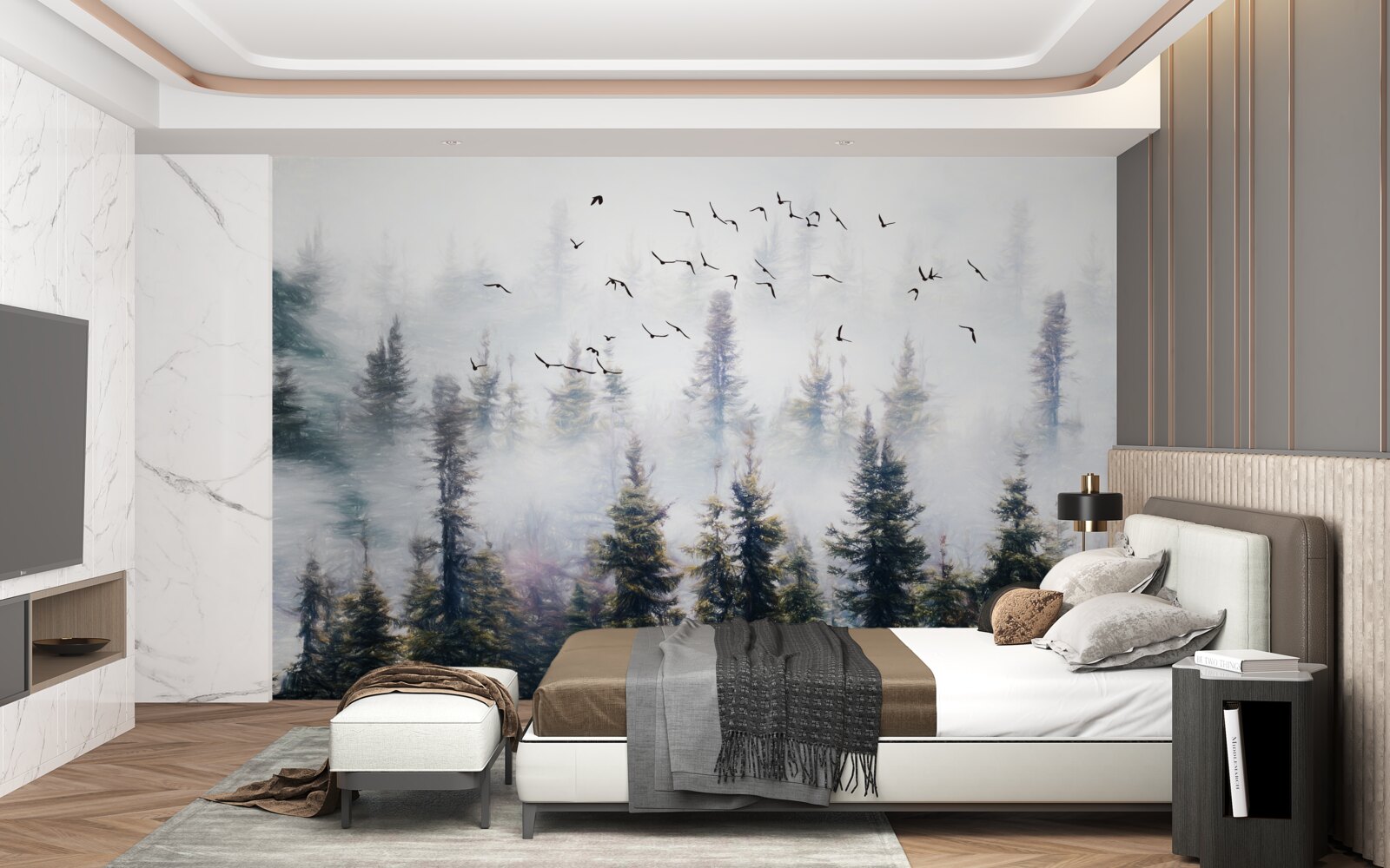 Фотошпалери пернаті мешканці ковзають над таємничим сосновим лісом, оточеним туманом