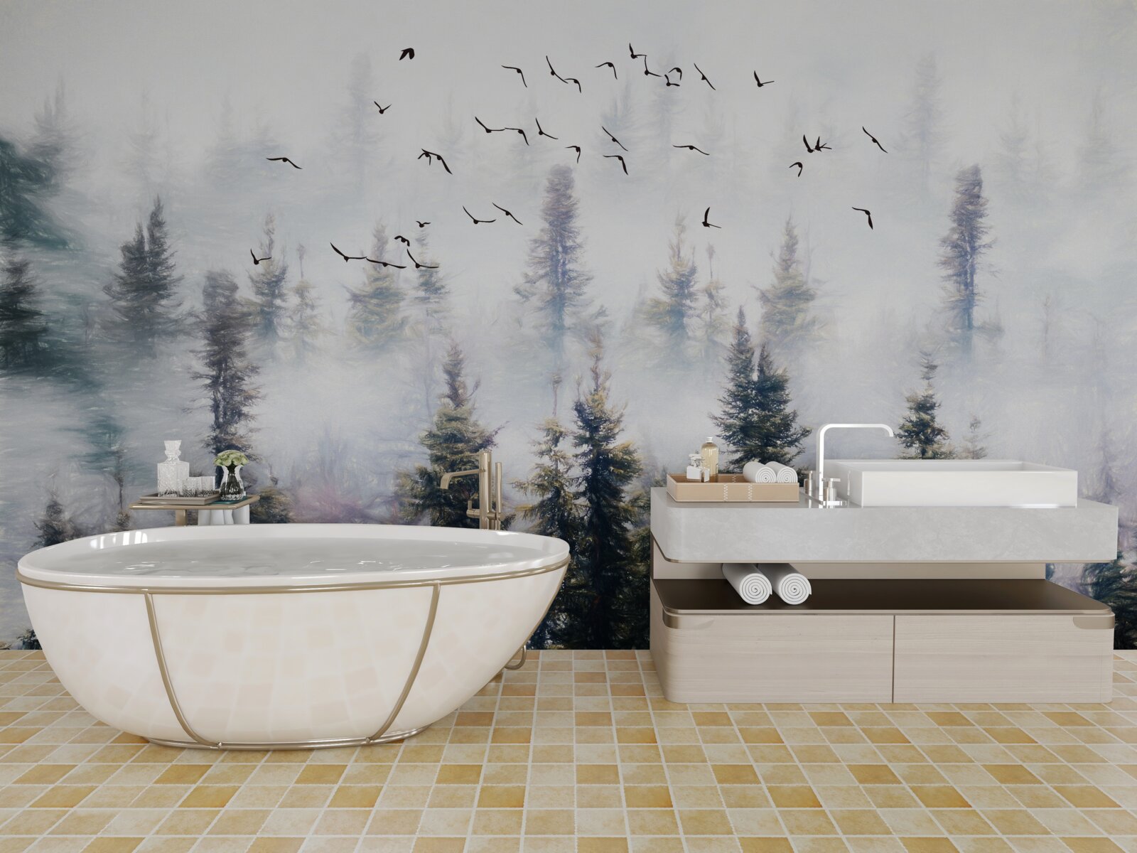 Фотошпалери пернаті мешканці ковзають над таємничим сосновим лісом, оточеним туманом