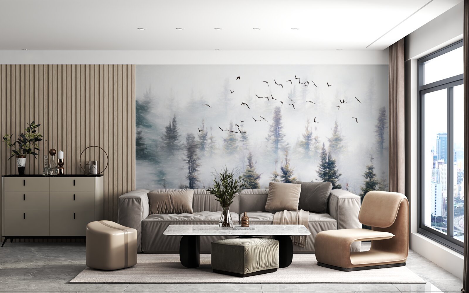 Фотошпалери пернаті мешканці ковзають над таємничим сосновим лісом, оточеним туманом