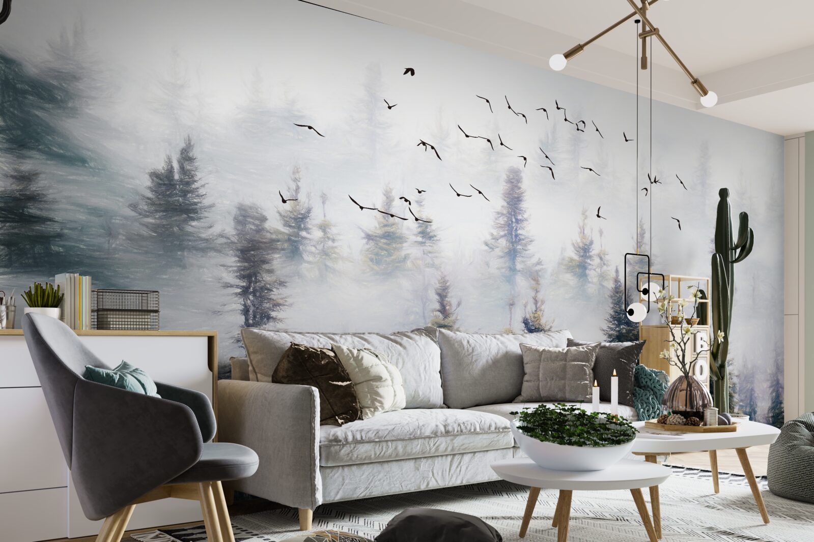 Фотошпалери пернаті мешканці ковзають над таємничим сосновим лісом, оточеним туманом