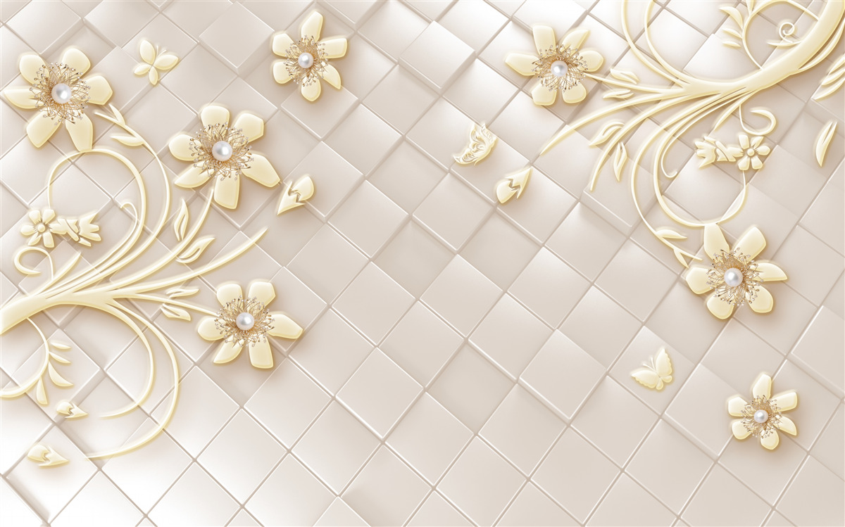 Фотошпалери квіти та золоті гілки на тлі геометричних ромбів