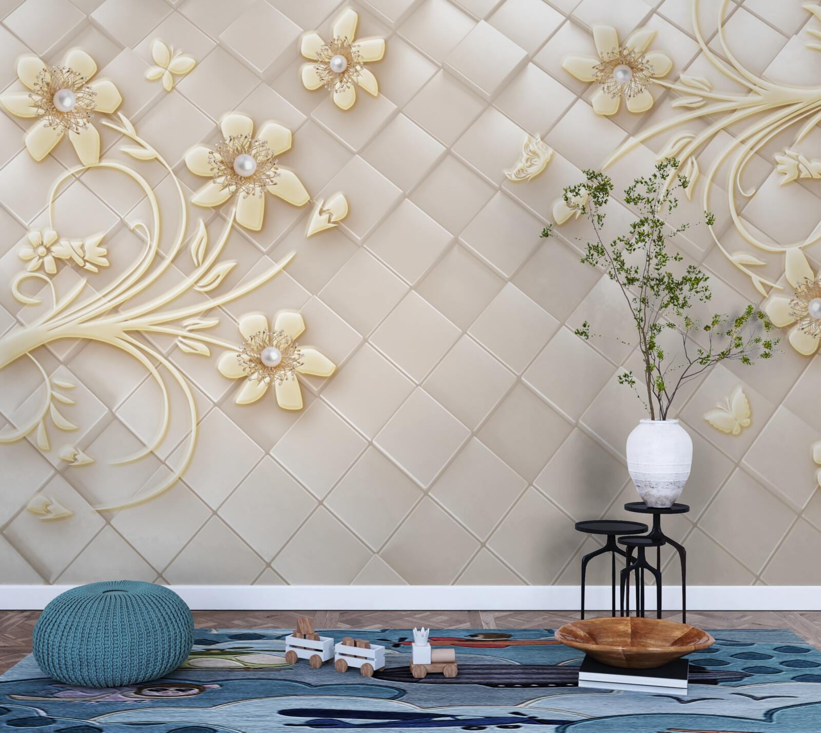 Фотошпалери квіти та золоті гілки на тлі геометричних ромбів