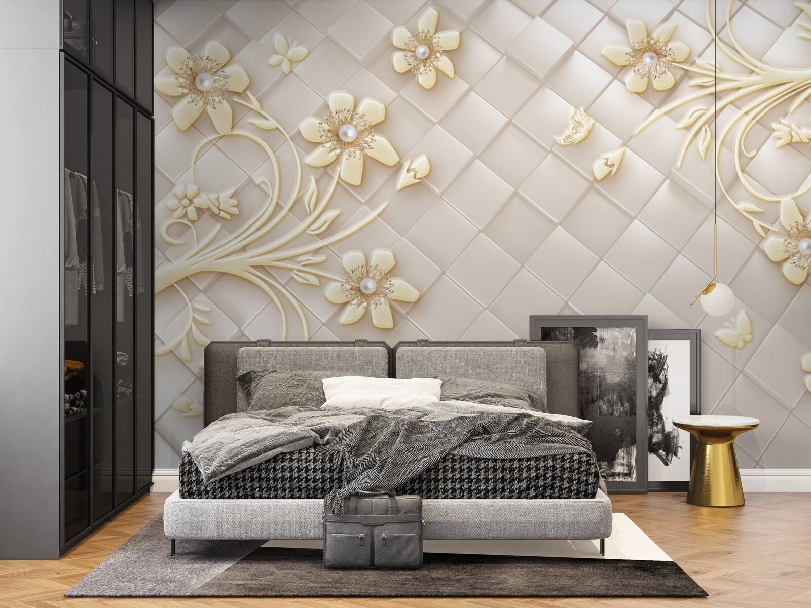 Фотошпалери квіти та золоті гілки на тлі геометричних ромбів