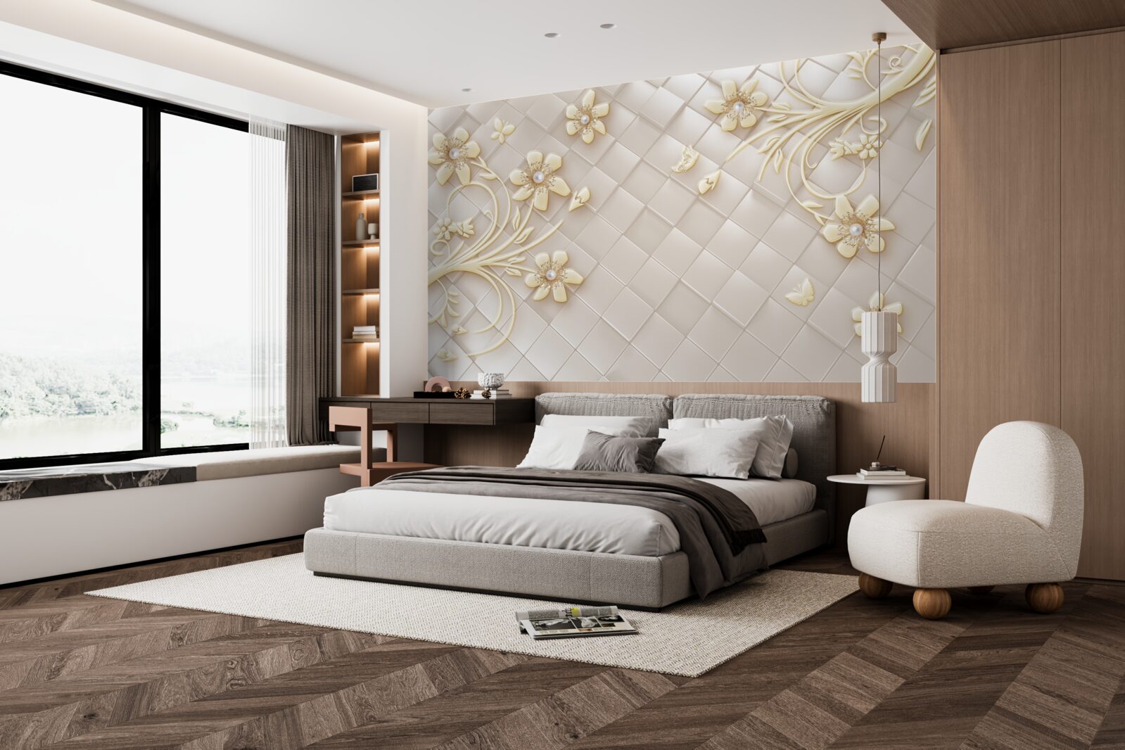 Фотошпалери квіти та золоті гілки на тлі геометричних ромбів