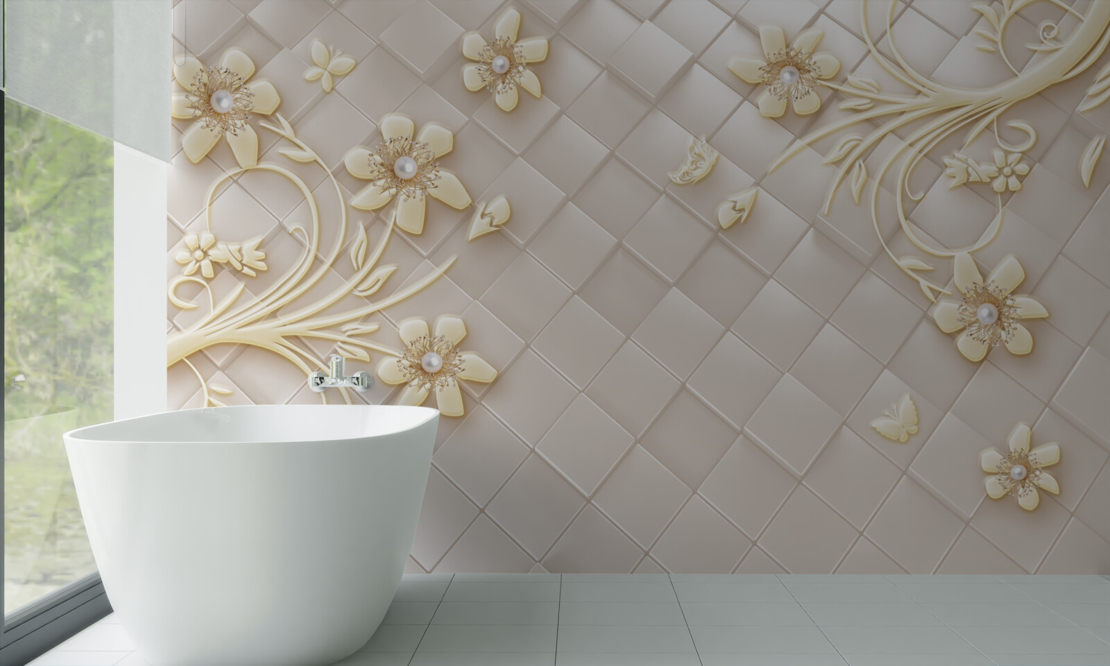 Фотошпалери квіти та золоті гілки на тлі геометричних ромбів