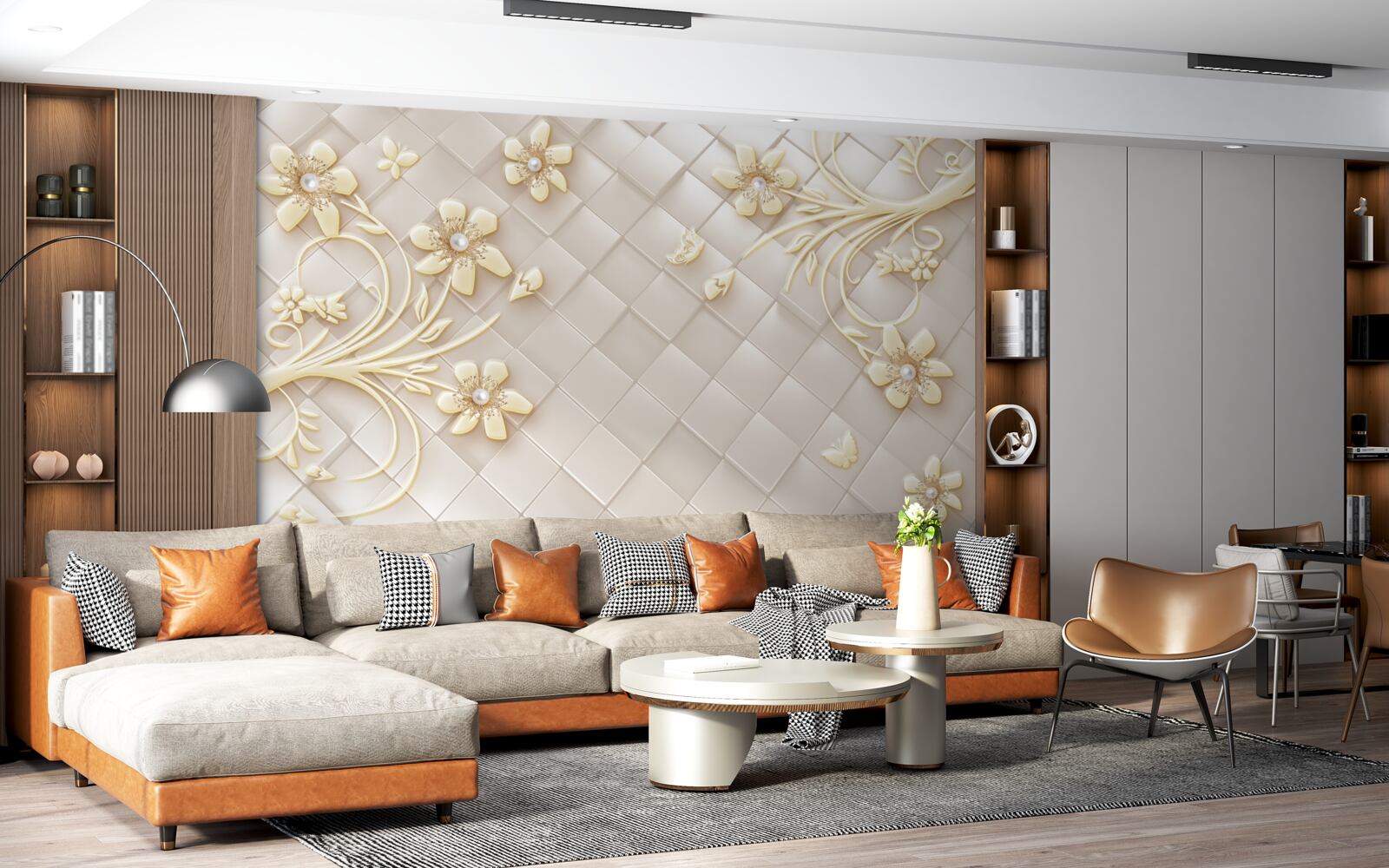 Фотошпалери квіти та золоті гілки на тлі геометричних ромбів