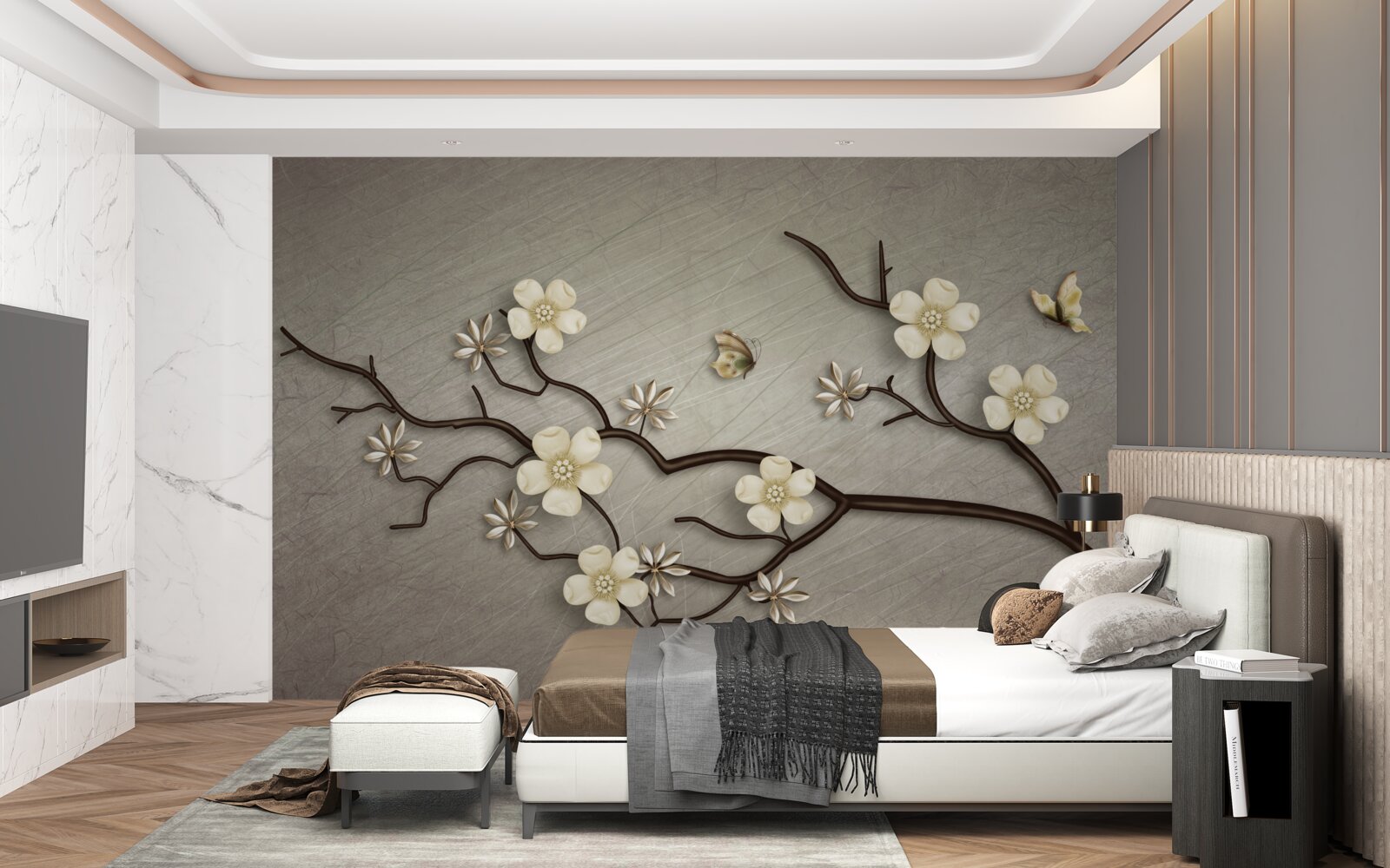 Фотошпалери гілка магнолії, квітуча білими квітами