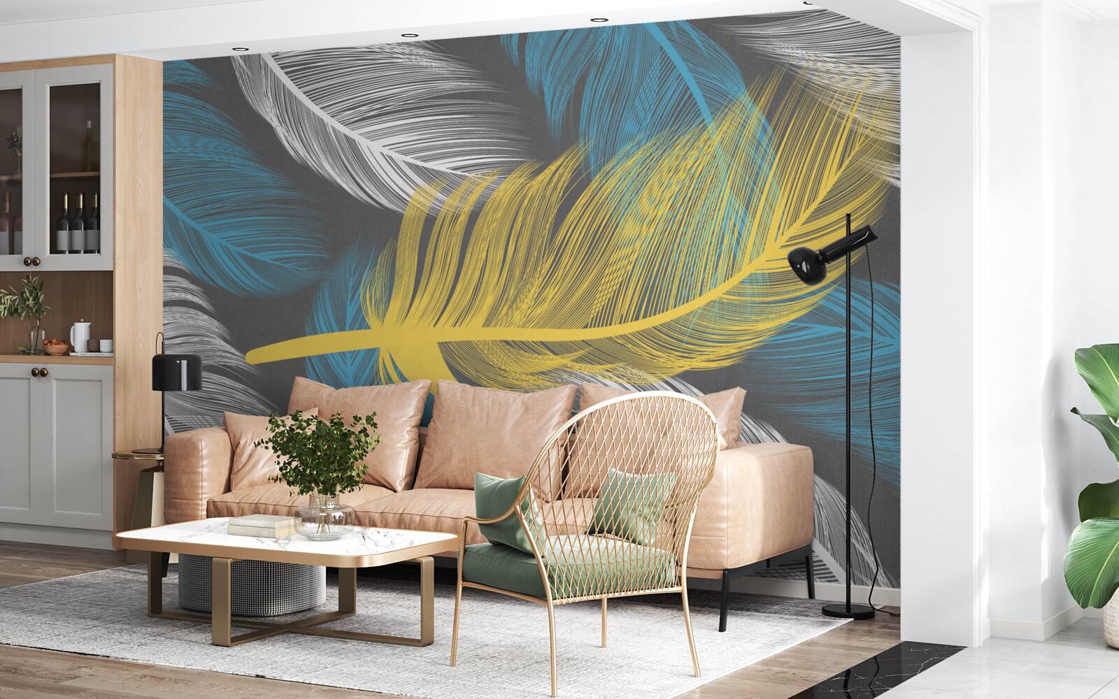 Фотошпалери серед білого і світлого виділяється золоте перо