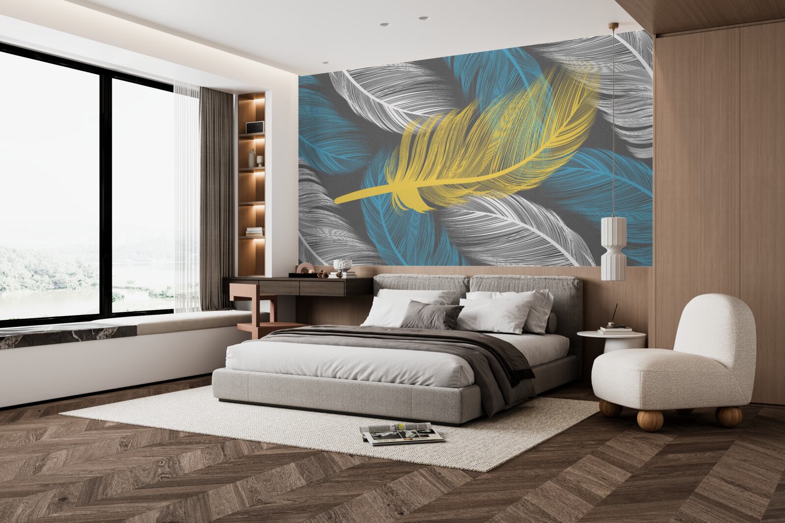 Фотошпалери серед білого і світлого виділяється золоте перо