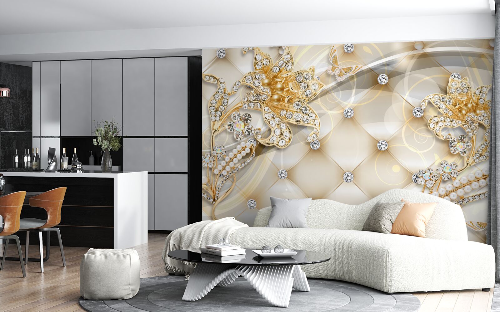 Фотошпалери перлинні та золоті квіткові прикраси