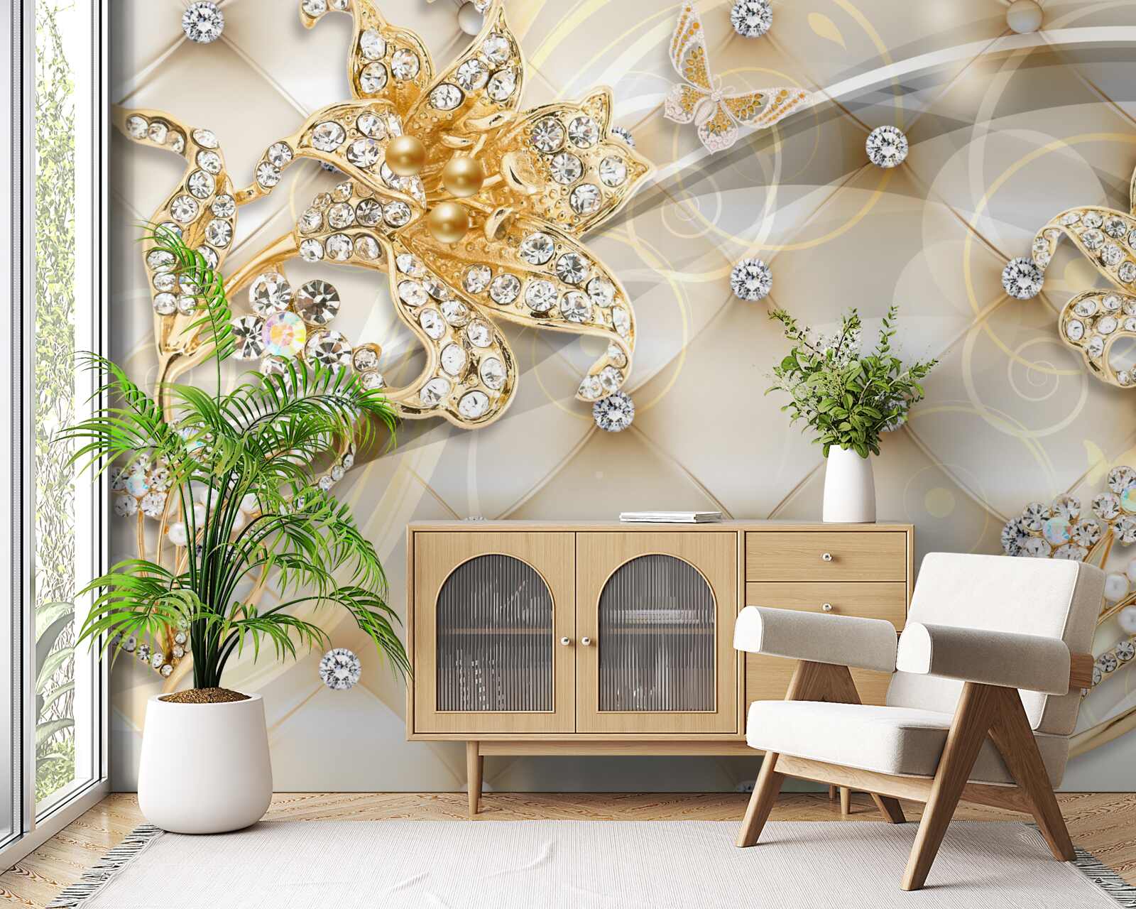 Фотошпалери перлинні та золоті квіткові прикраси