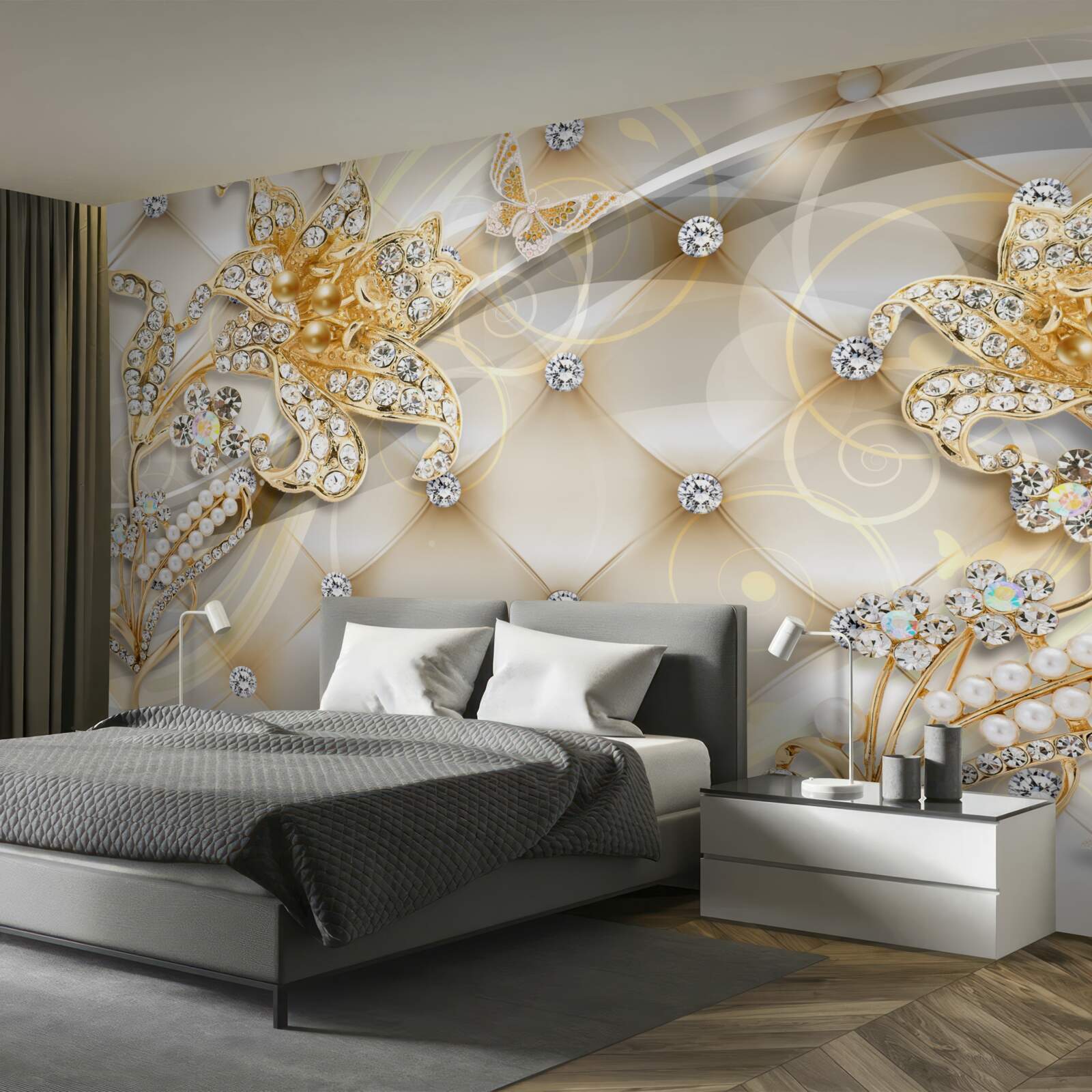 Фотошпалери перлинні та золоті квіткові прикраси