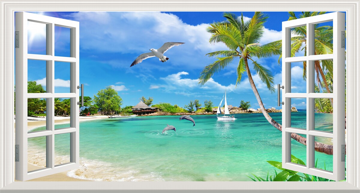 Фотошпалери вікна з безперервним видом на піщаний пляж і воду