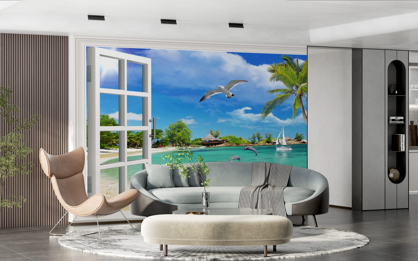 Фотошпалери вікна з безперервним видом на піщаний пляж і воду