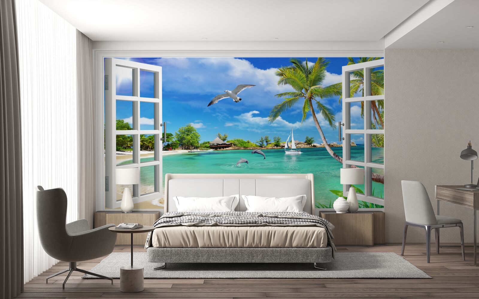 Фотошпалери вікна з безперервним видом на піщаний пляж і воду