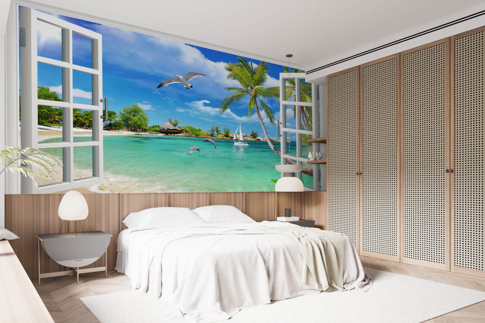 Фотошпалери вікна з безперервним видом на піщаний пляж і воду