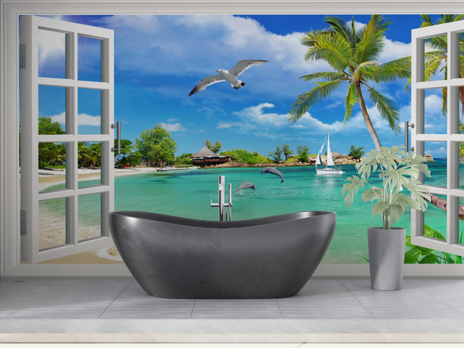 Фотошпалери вікна з безперервним видом на піщаний пляж і воду