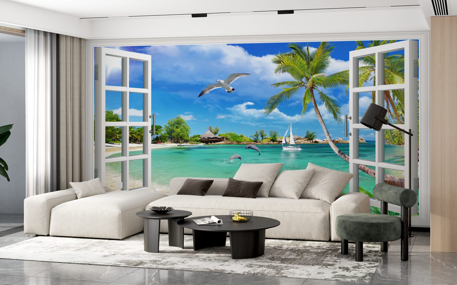 Фотошпалери вікна з безперервним видом на піщаний пляж і воду
