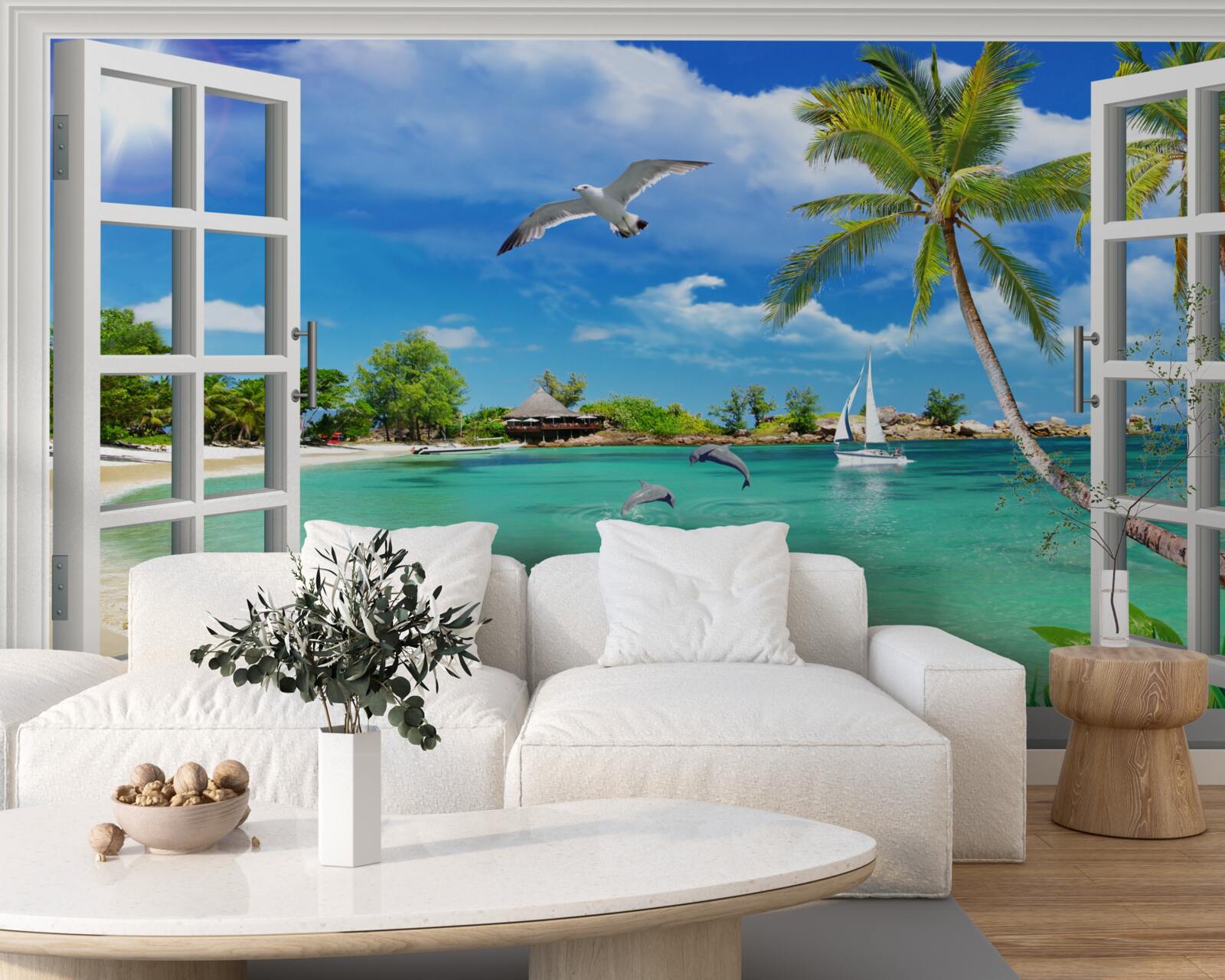 Фотошпалери вікна з безперервним видом на піщаний пляж і воду