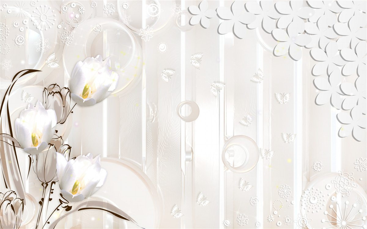Фотошпалери розкішні білосніжні тюльпани і крапельки вологи