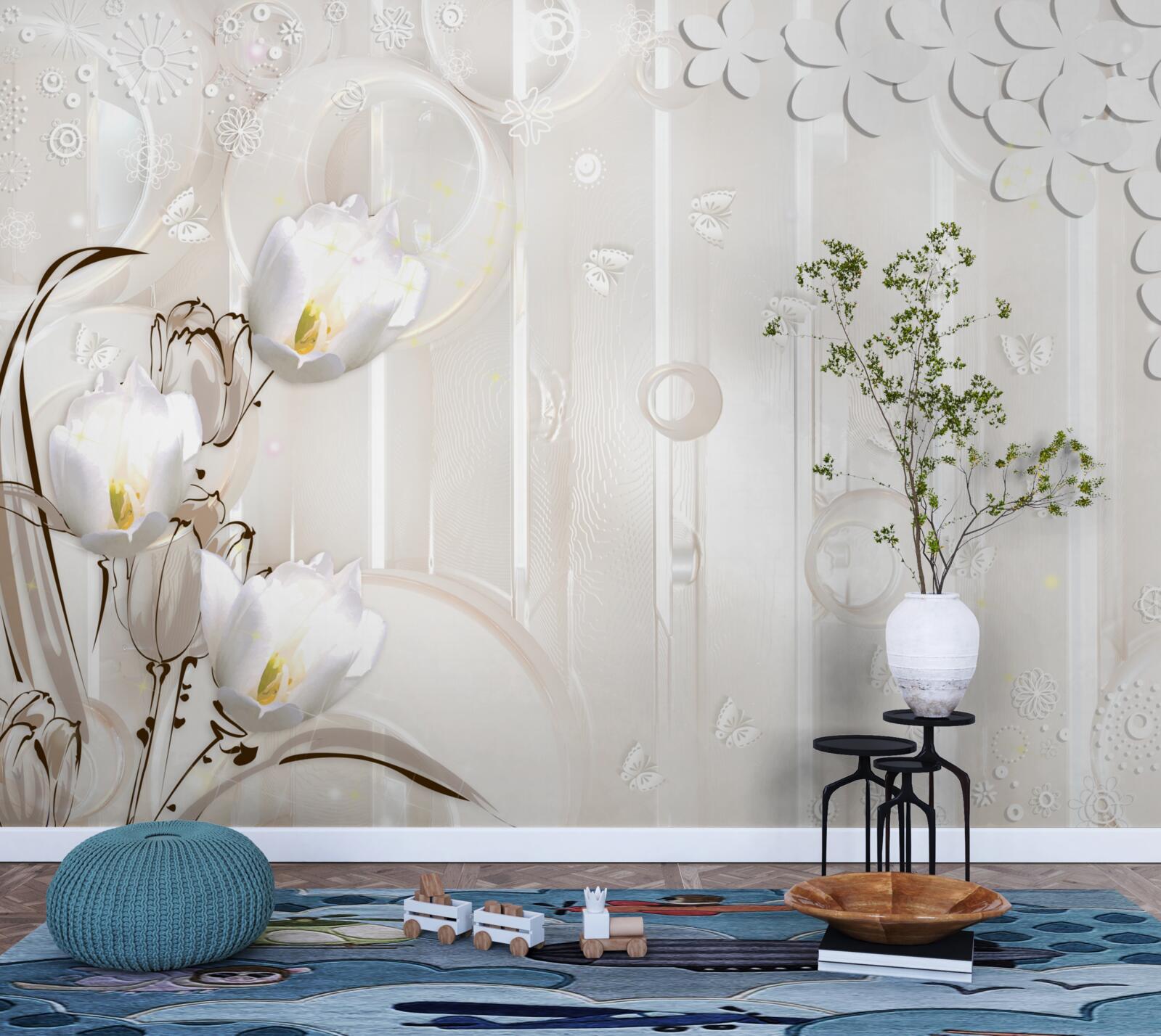 Фотошпалери розкішні білосніжні тюльпани і крапельки вологи