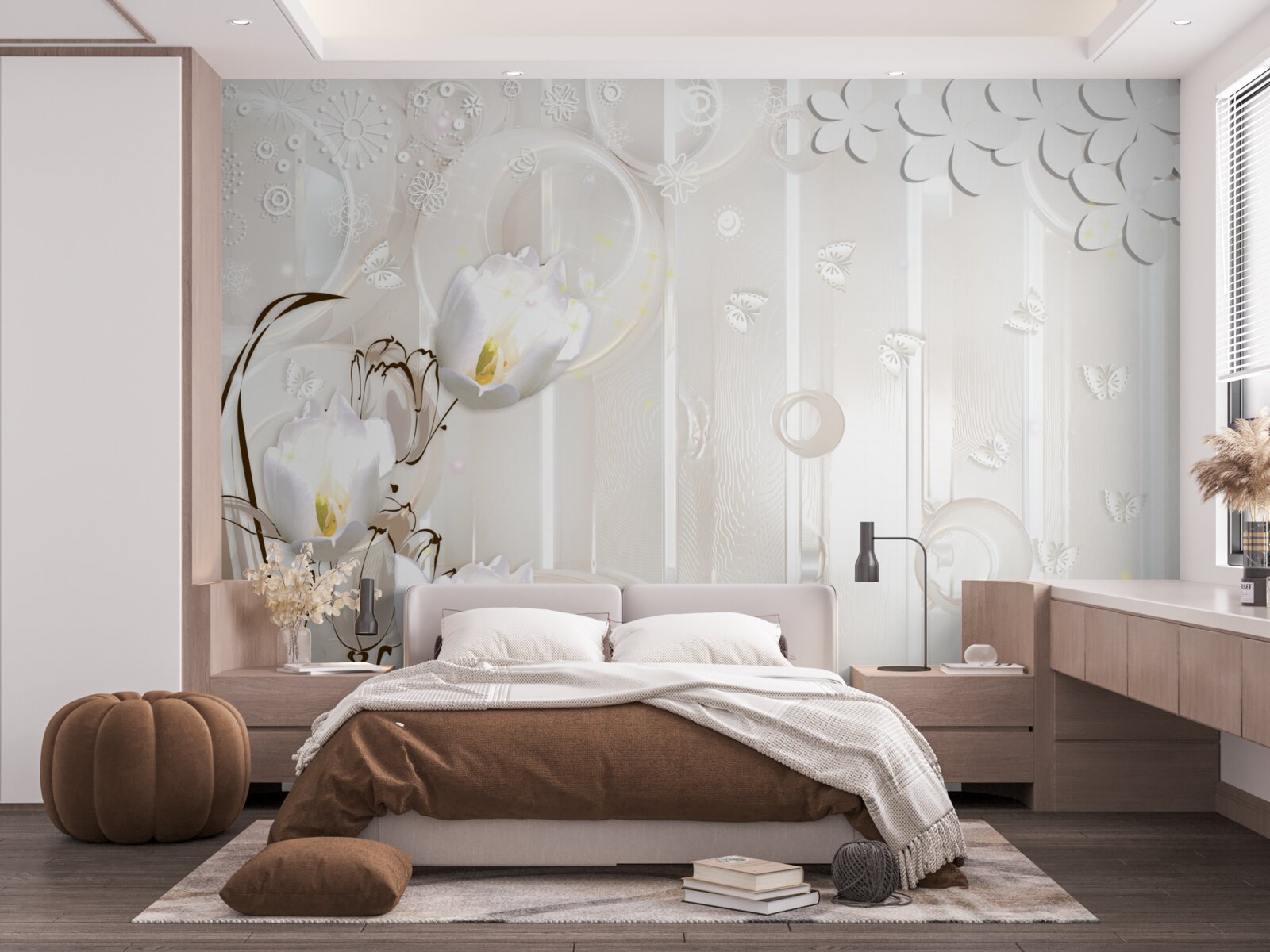 Фотошпалери розкішні білосніжні тюльпани і крапельки вологи