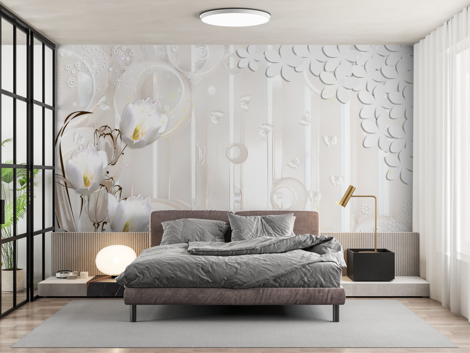 Фотошпалери розкішні білосніжні тюльпани і крапельки вологи