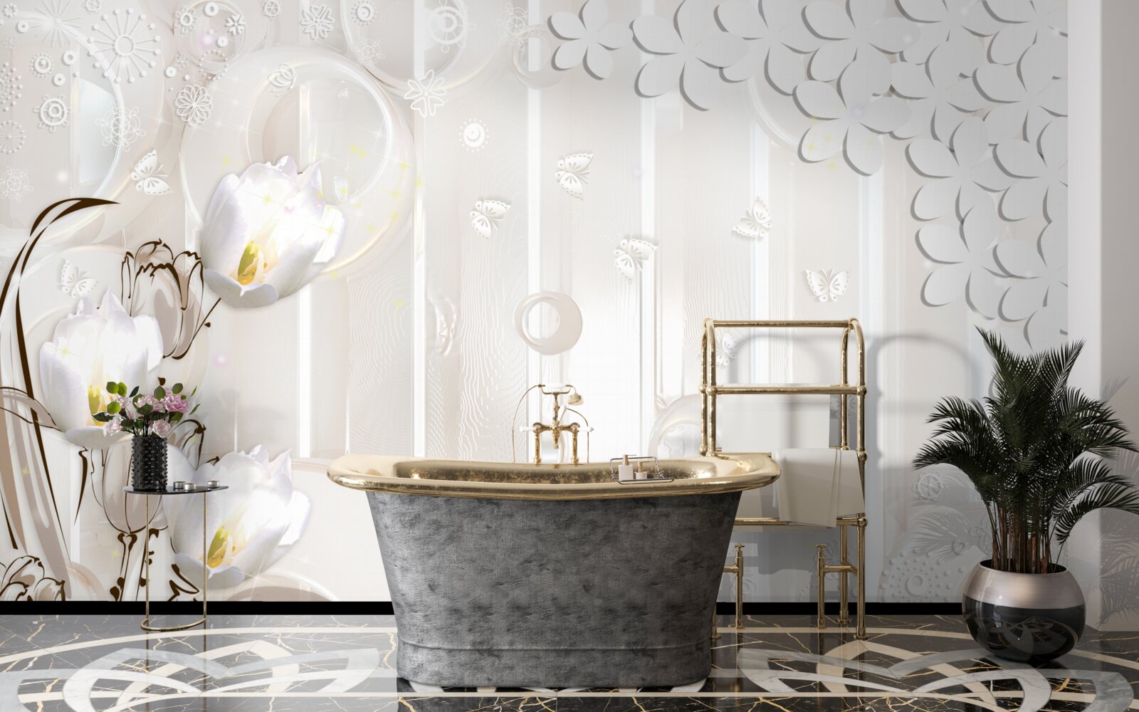 Фотошпалери розкішні білосніжні тюльпани і крапельки вологи