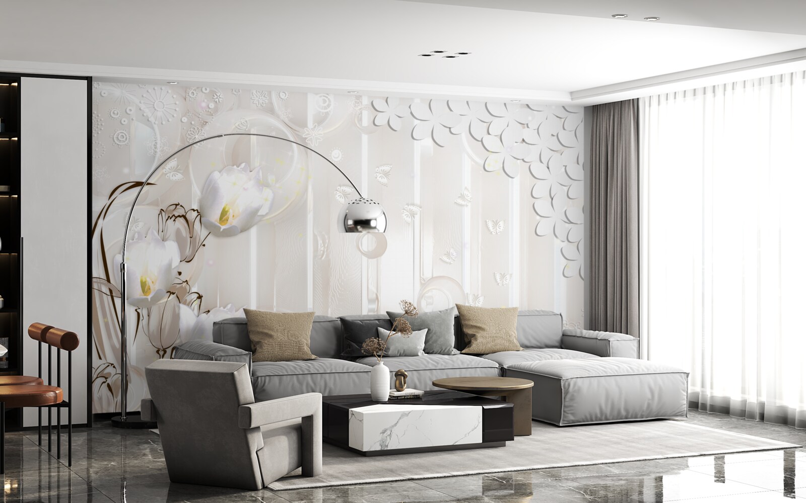 Фотошпалери розкішні білосніжні тюльпани і крапельки вологи