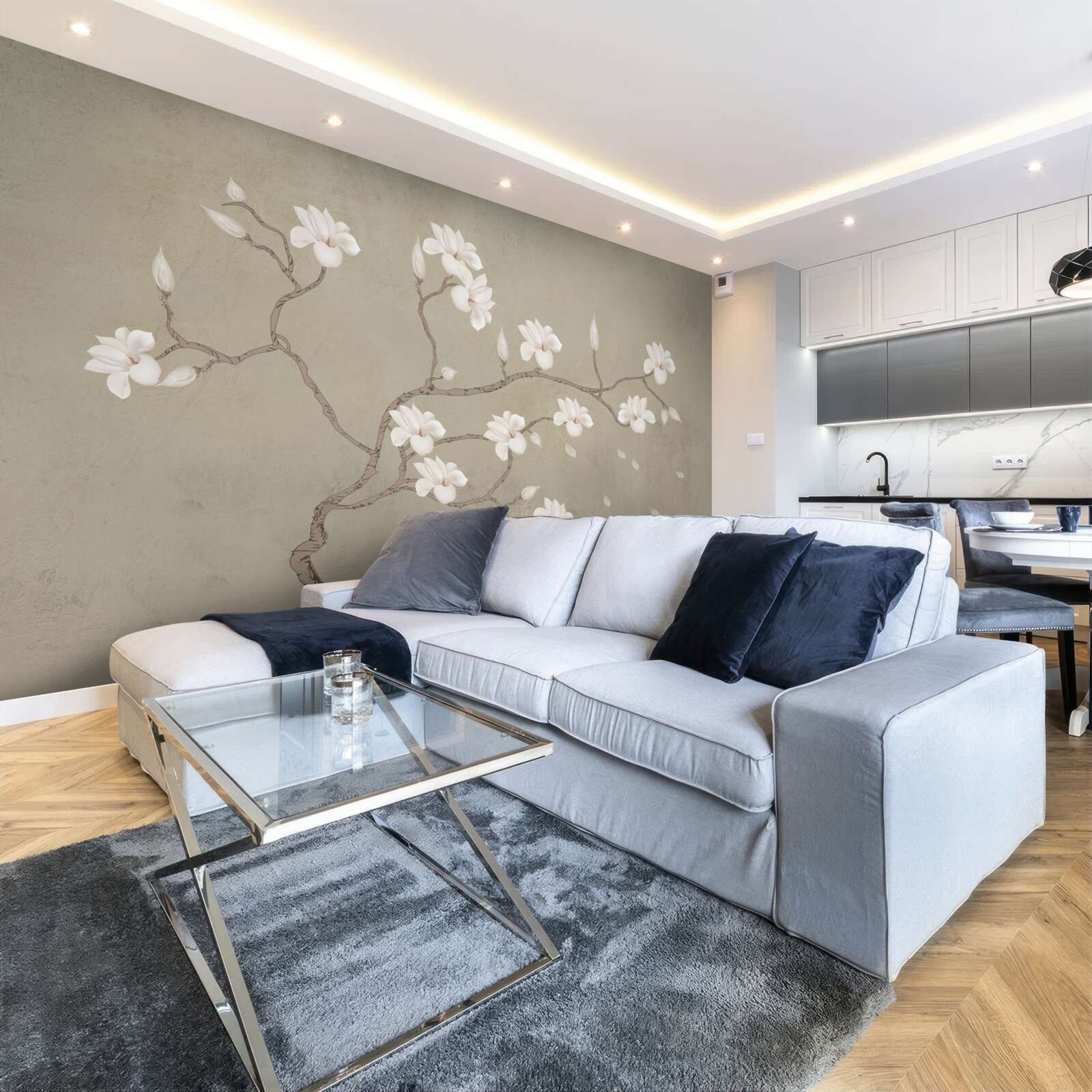 Фотошпалери в тумані одиноке дерево з білими квітами