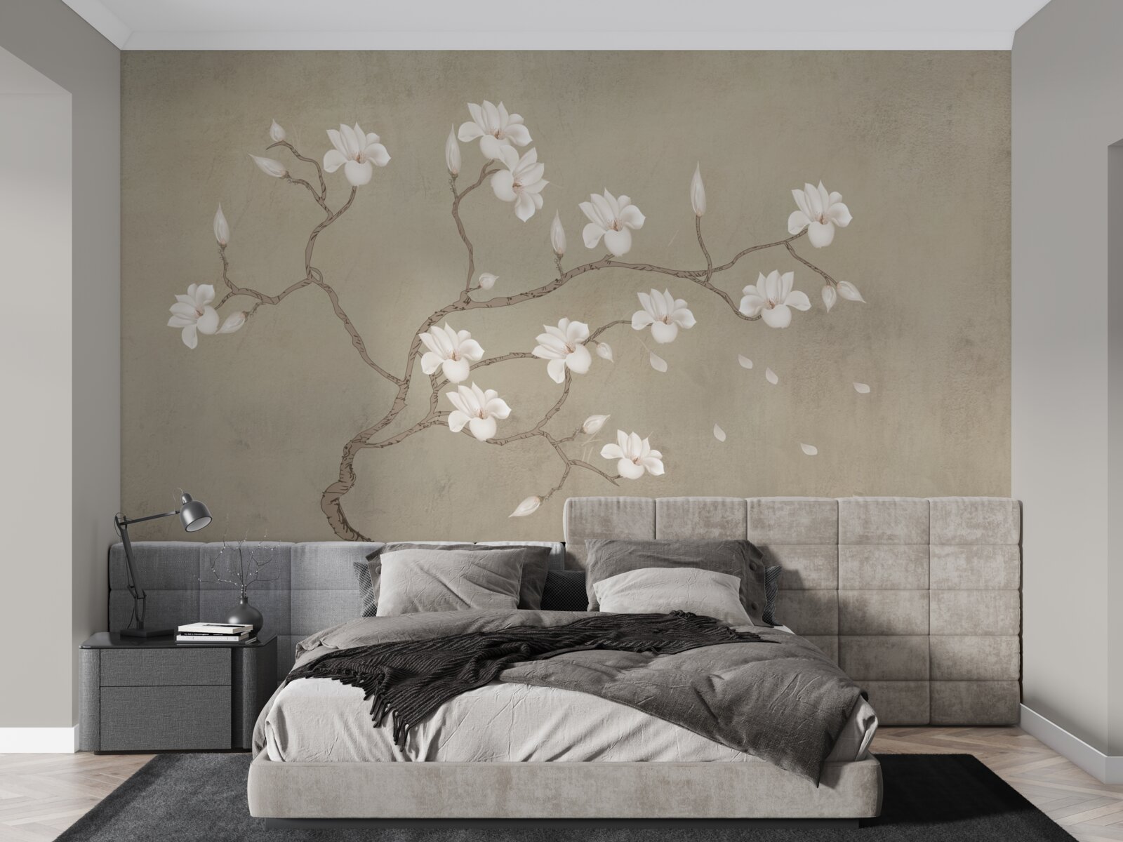 Фотошпалери в тумані одиноке дерево з білими квітами