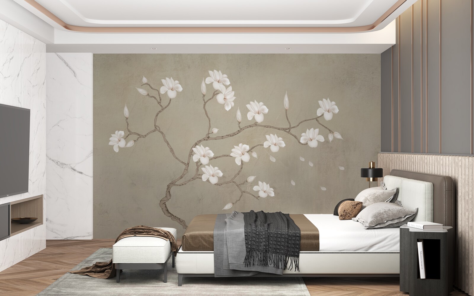 Фотошпалери в тумані одиноке дерево з білими квітами