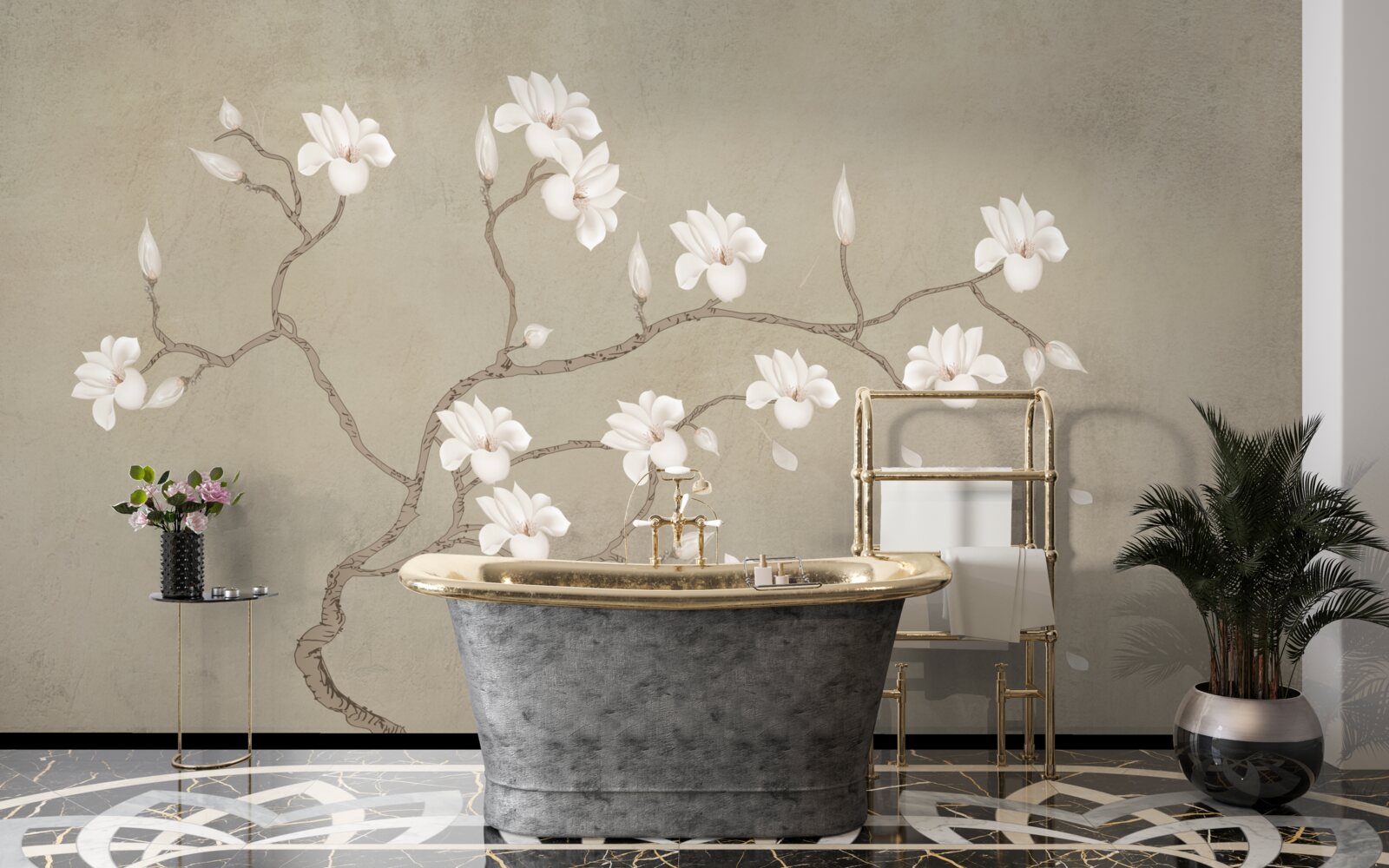 Фотошпалери в тумані одиноке дерево з білими квітами