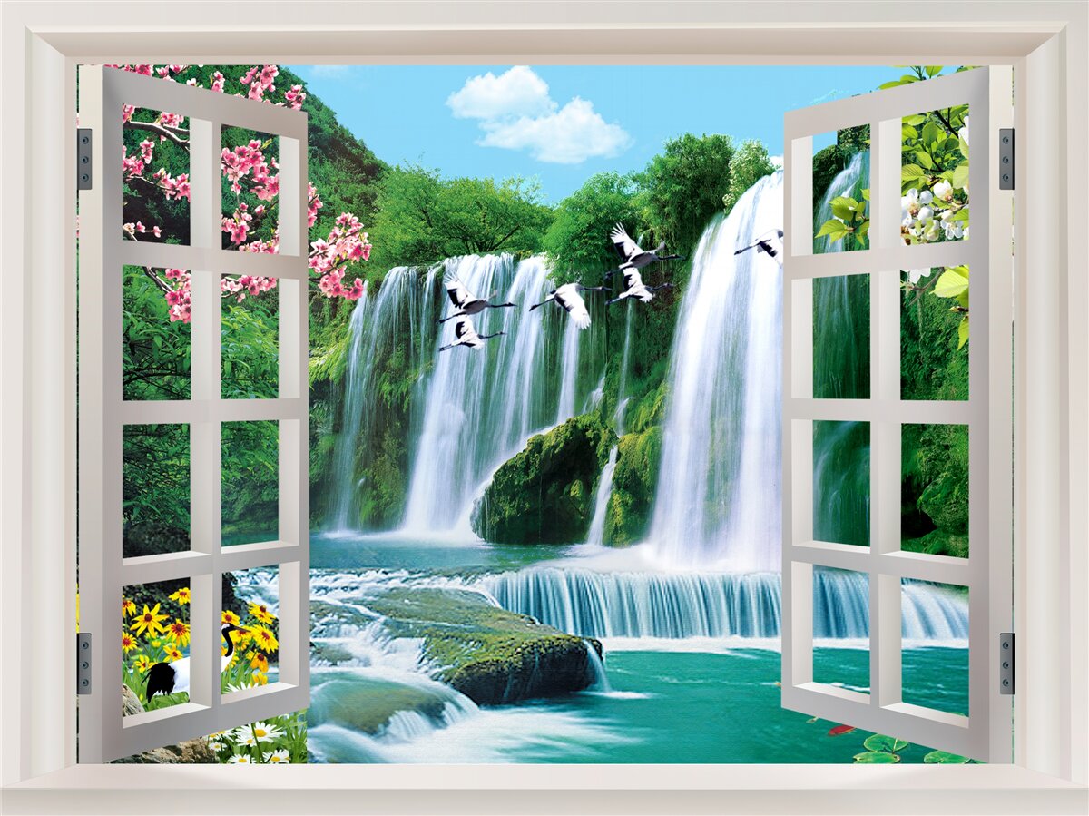 Фотошпалери вид з вікна на галасливі водоспади