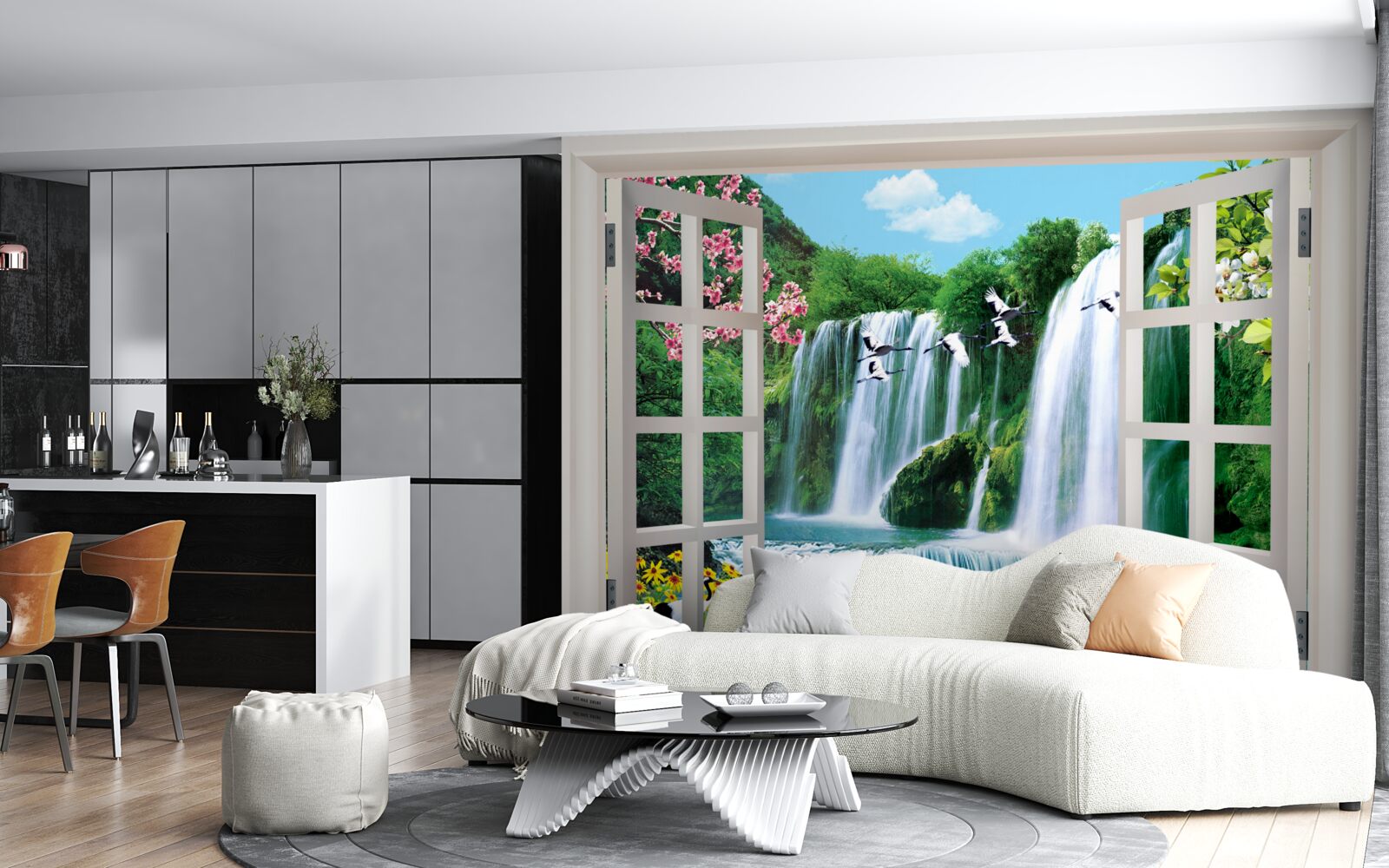 Фотошпалери вид з вікна на галасливі водоспади