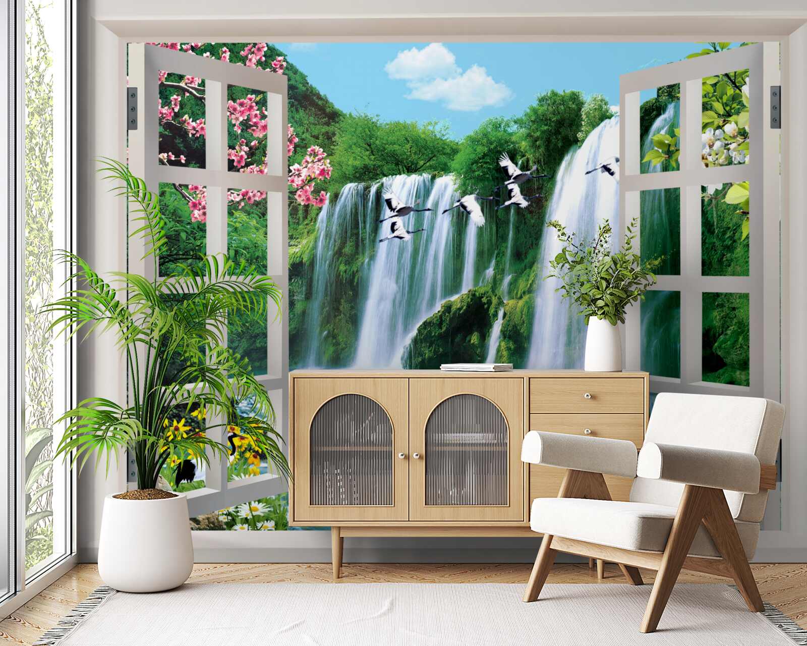 Фотошпалери вид з вікна на галасливі водоспади