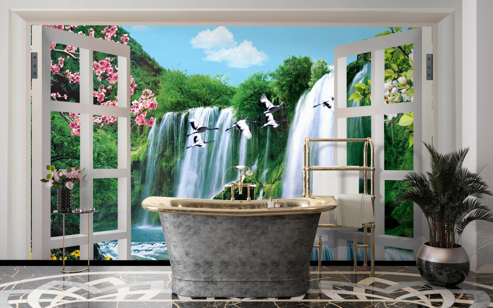 Фотошпалери вид з вікна на галасливі водоспади