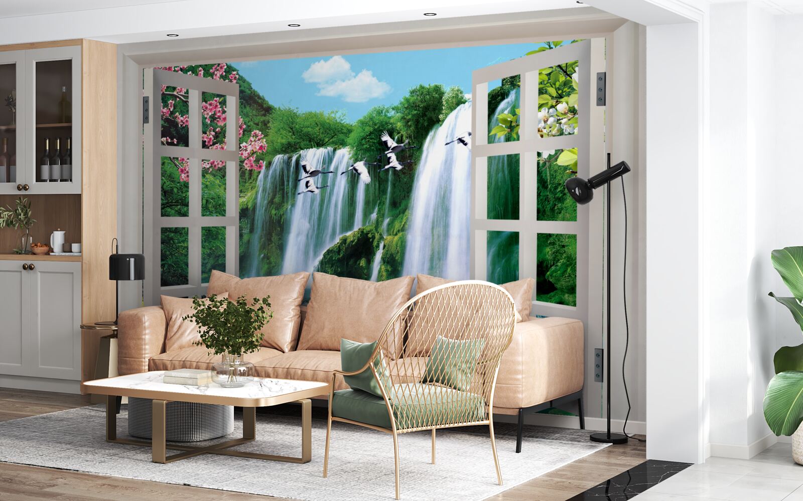 Фотошпалери вид з вікна на галасливі водоспади