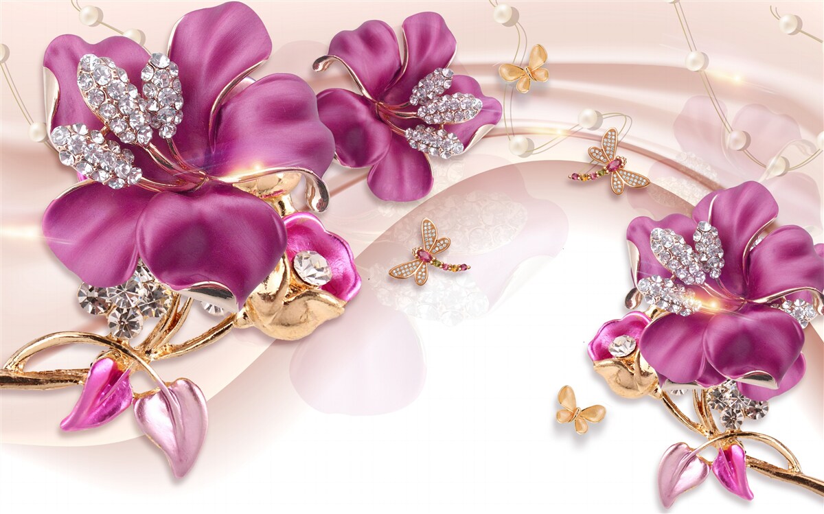 Фотошпалери фіолетові пелюстки квітів в оточенні перлів і золота