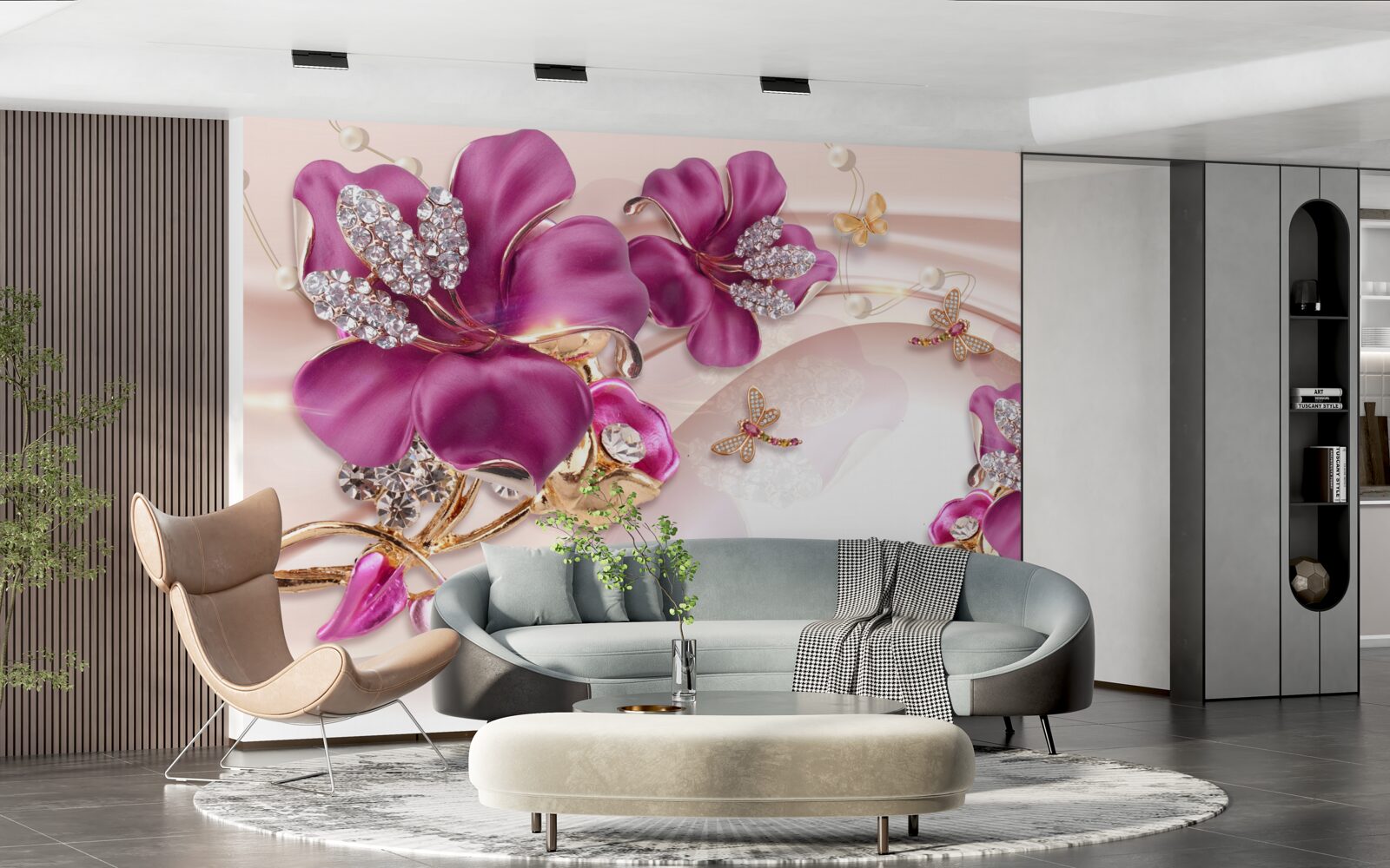 Фотошпалери фіолетові пелюстки квітів в оточенні перлів і золота