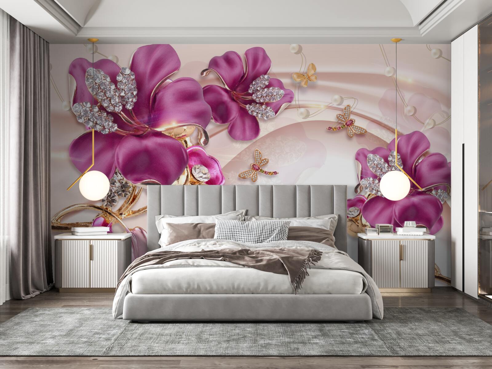 Фотошпалери фіолетові пелюстки квітів в оточенні перлів і золота