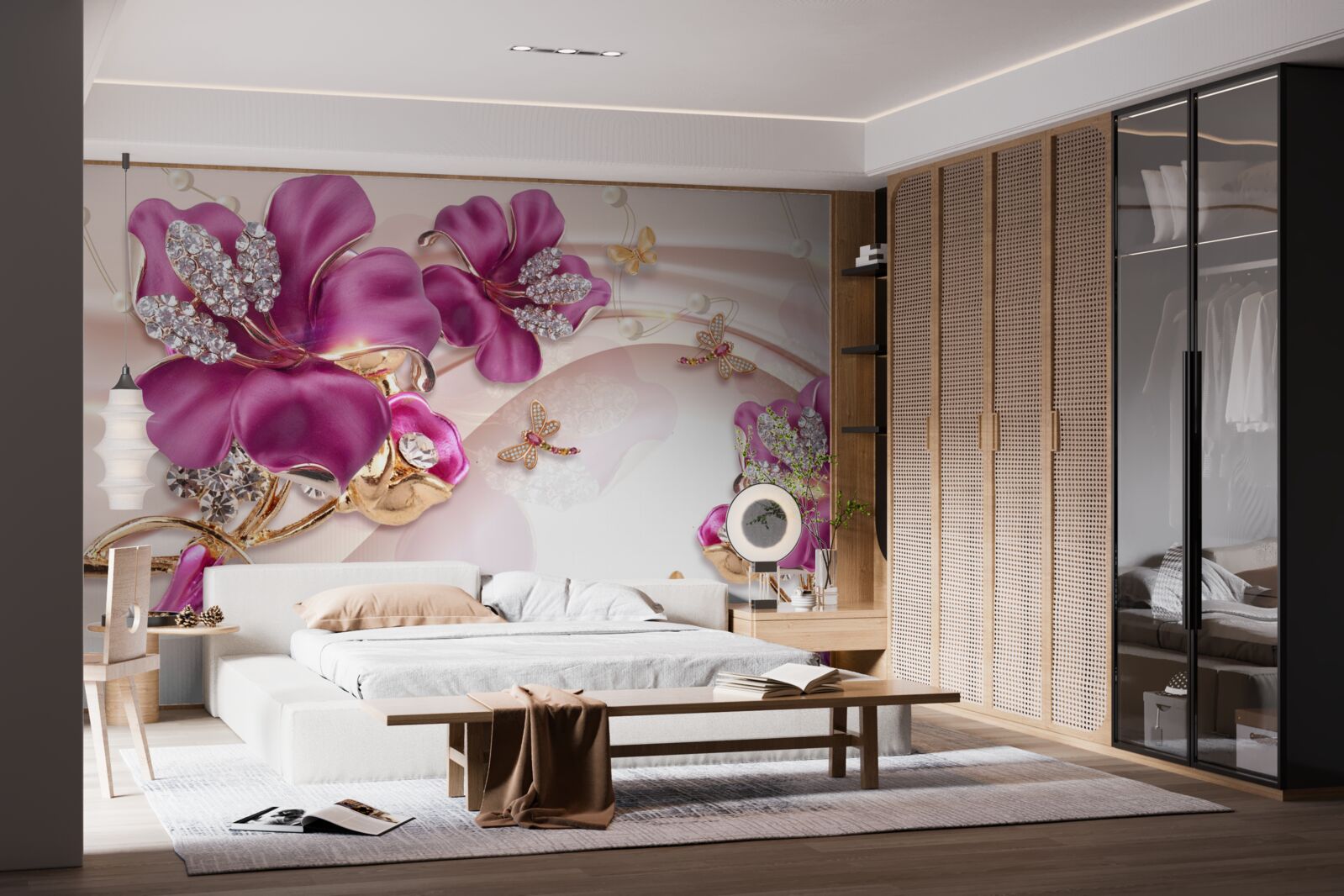 Фотошпалери фіолетові пелюстки квітів в оточенні перлів і золота