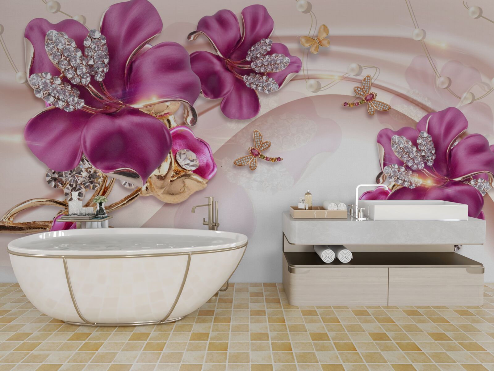 Фотошпалери фіолетові пелюстки квітів в оточенні перлів і золота