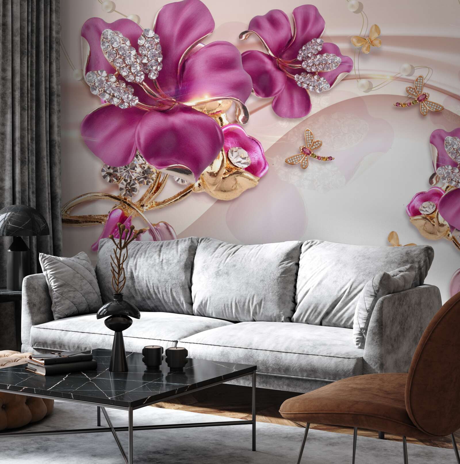 Фотошпалери фіолетові пелюстки квітів в оточенні перлів і золота
