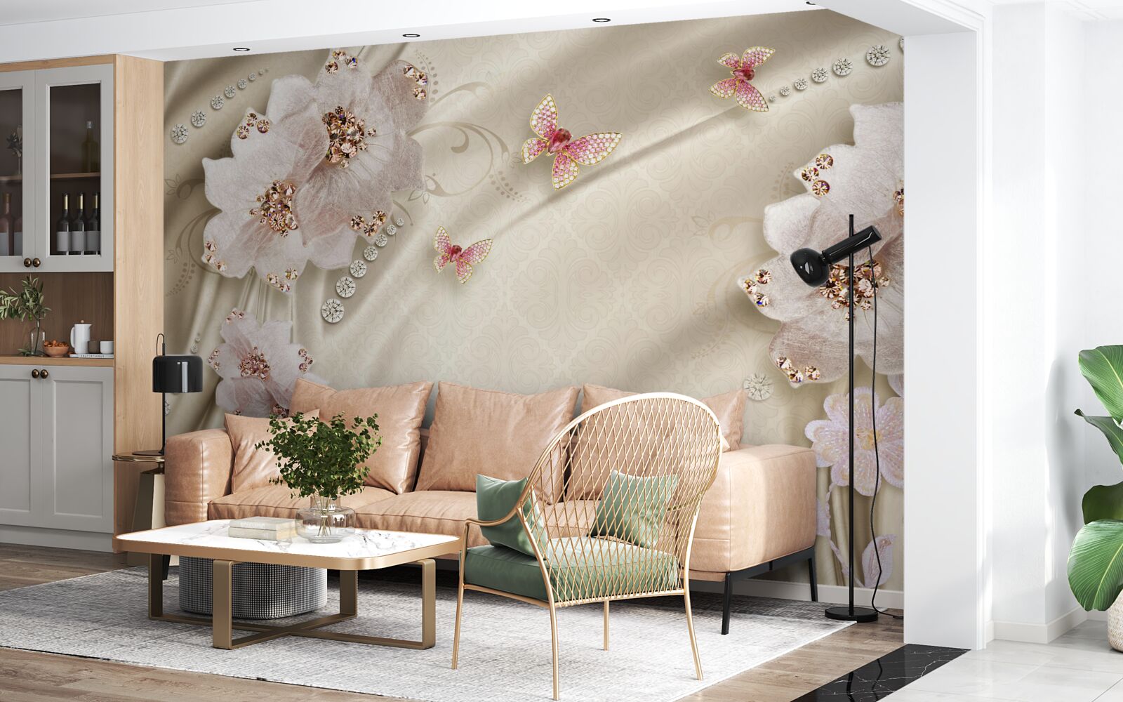 Фотошпалери шовк делікатно прикрашений метеликами та білосніжними квітами